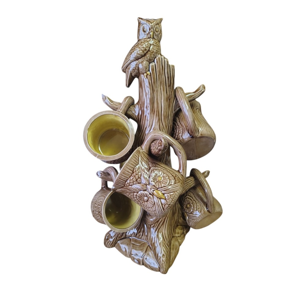 Vintage Owl Ceramic Mid Century Mug Holder Tree Coffee Cups
